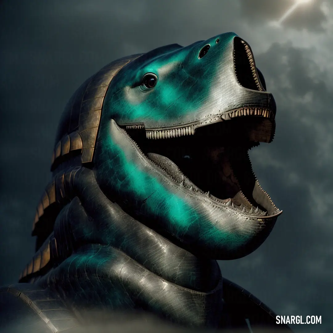 Dinosaur statue with its mouth open and a cloudy sky behind it