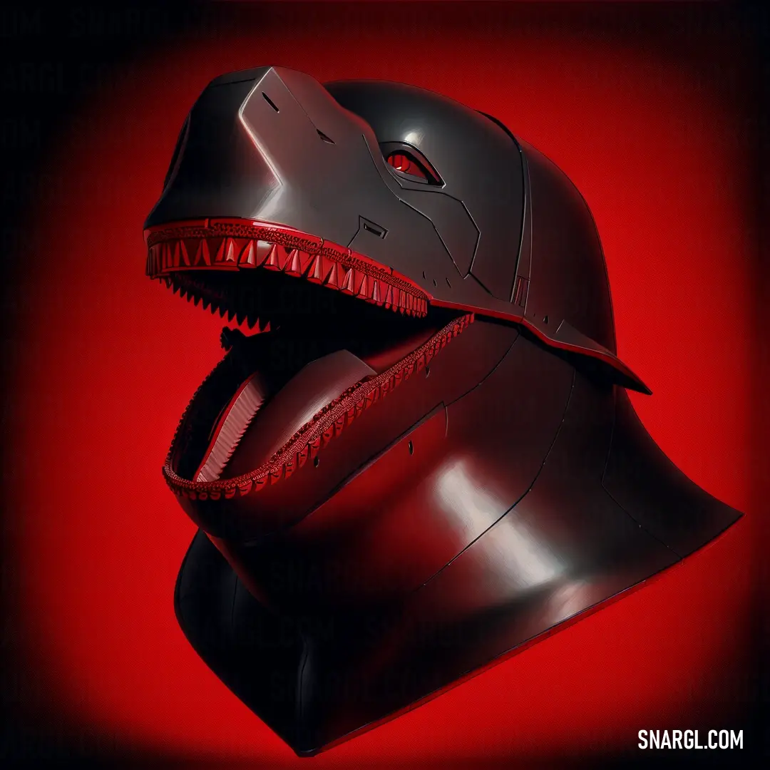 Helmet with a dinosaur's mouth on a red background with a black background