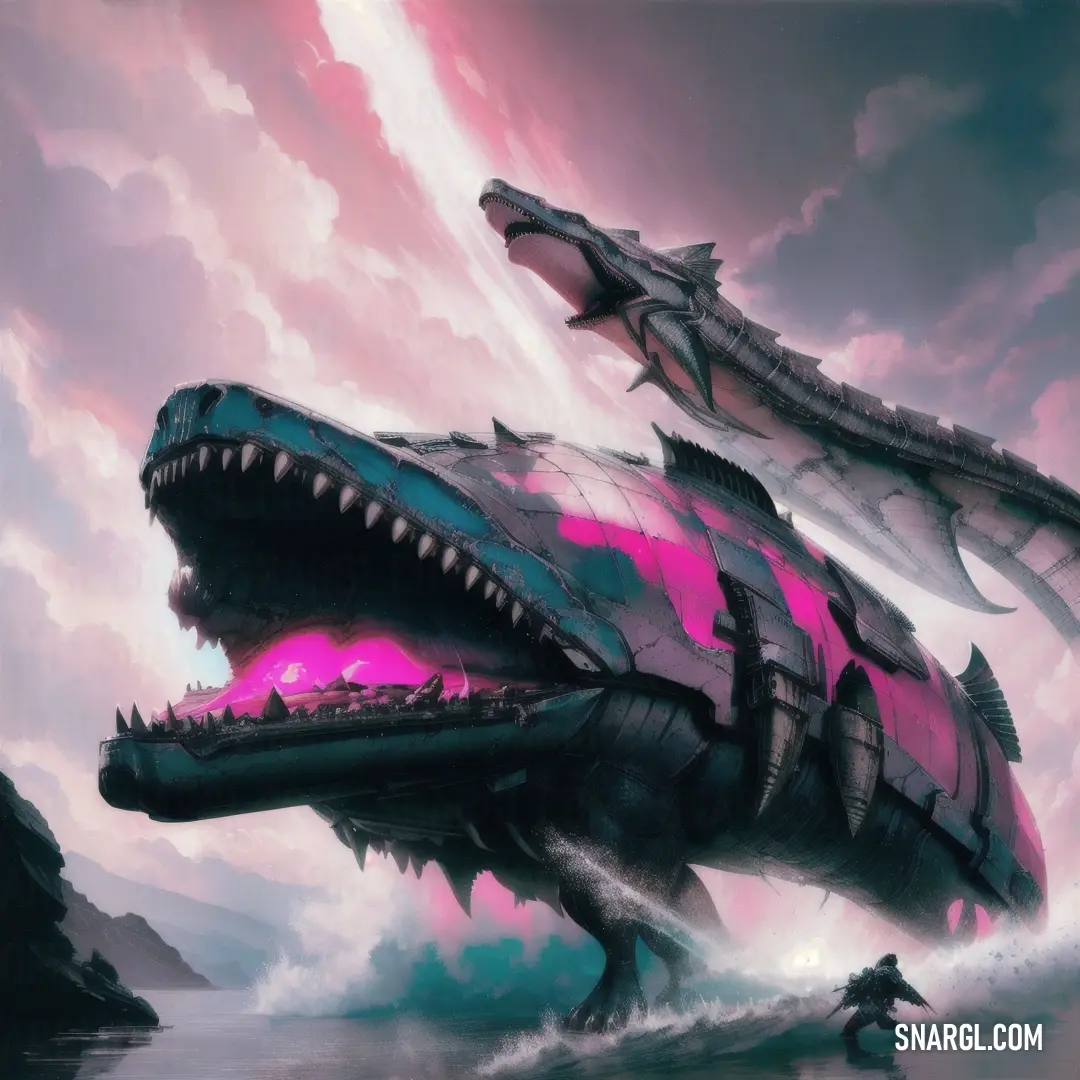 Large dragon floating in the air next to a man on a surfboard in the water with a pink light on its face