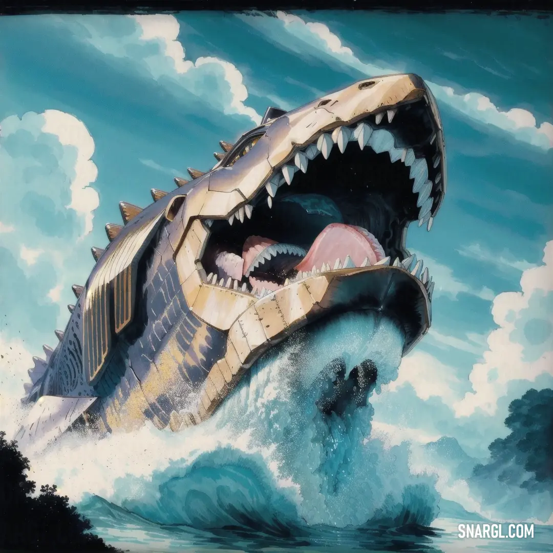 Painting of a giant shark attacking a boat in the ocean with its mouth open