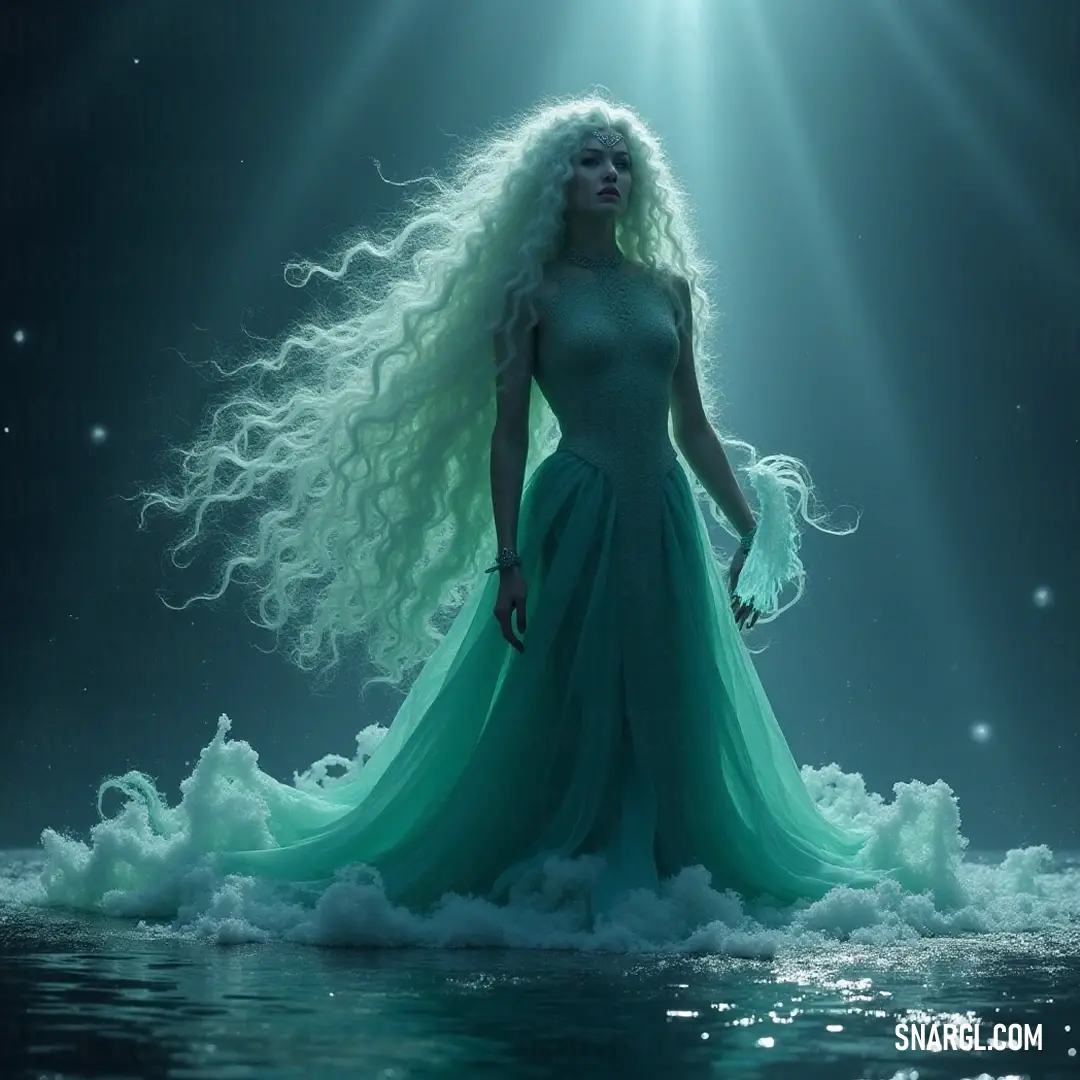 A graceful figure in water, illuminated by a soft light and a star above her. A serene figure with flowing hair stands gracefully in tranquil waters, illuminated by a gentle light filtering from above. A luminous star hovers above her, casting a divine glow that enhances the enchanting atmosphere of peace and reflection surrounding