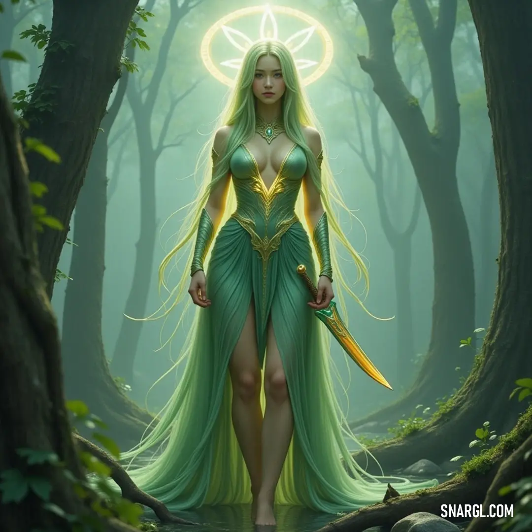 A brave figure in a green dress wielding a sword in a mystical forest with a glowing halo. In a dense forest, a brave figure in a flowing green dress stands with a sword in hand, a halo glowing softly above her head. With enchanting greenery surrounding her, she emanates confidence, poised to embark on a heroic journey through the enchanting wo
