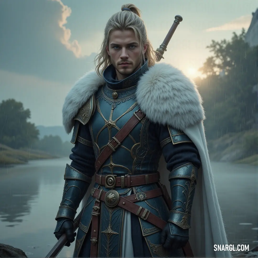 A knight in gleaming armor, holding his sword before a calm lake, with a fur collar adding a touch of noble elegance to his appearance. A towering knight in shining full armor stands before a tranquil lake, sword raised, with a luxurious fur collar around his neck, exuding strength and regality.