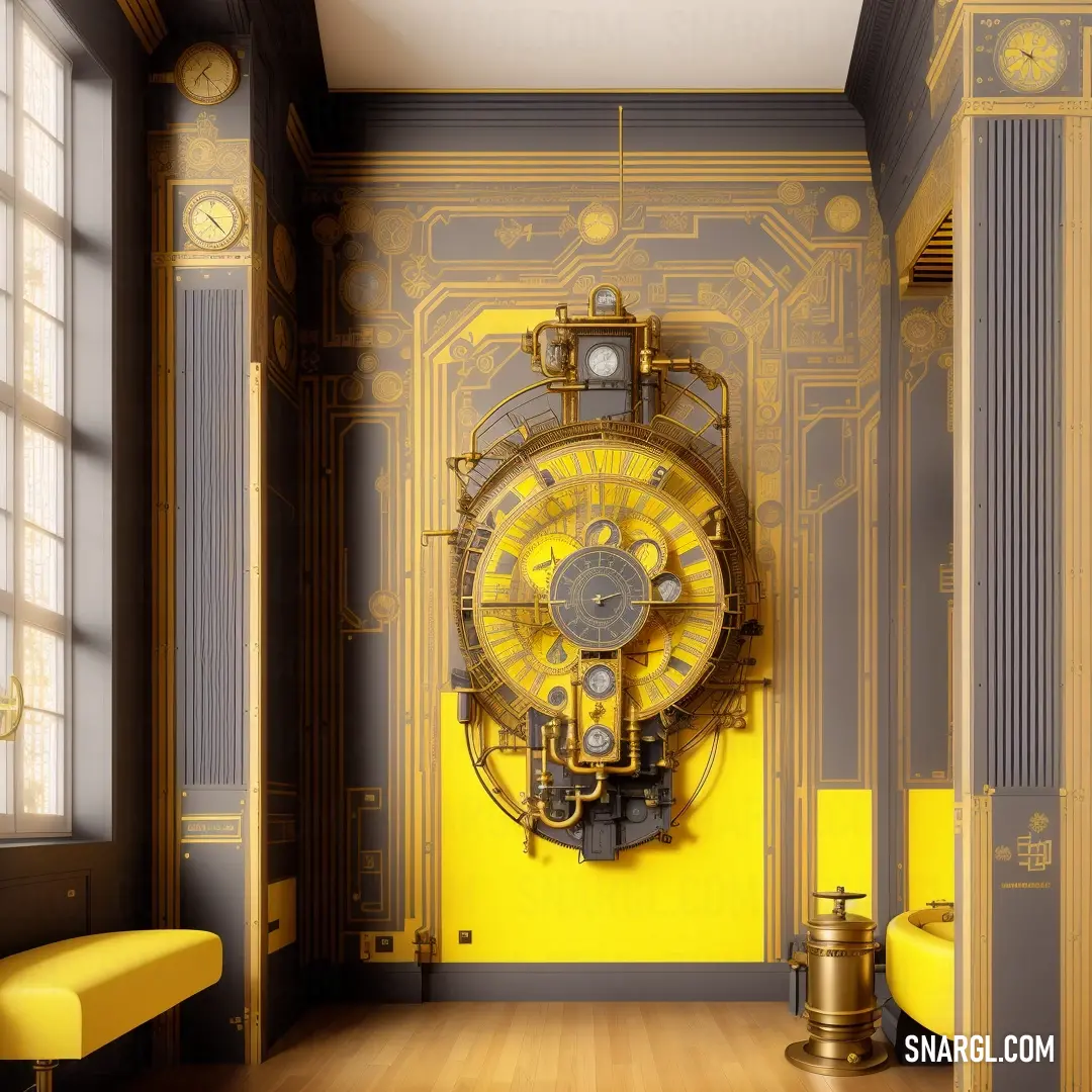 Large clock mounted to the side of a wall in a room with yellow walls