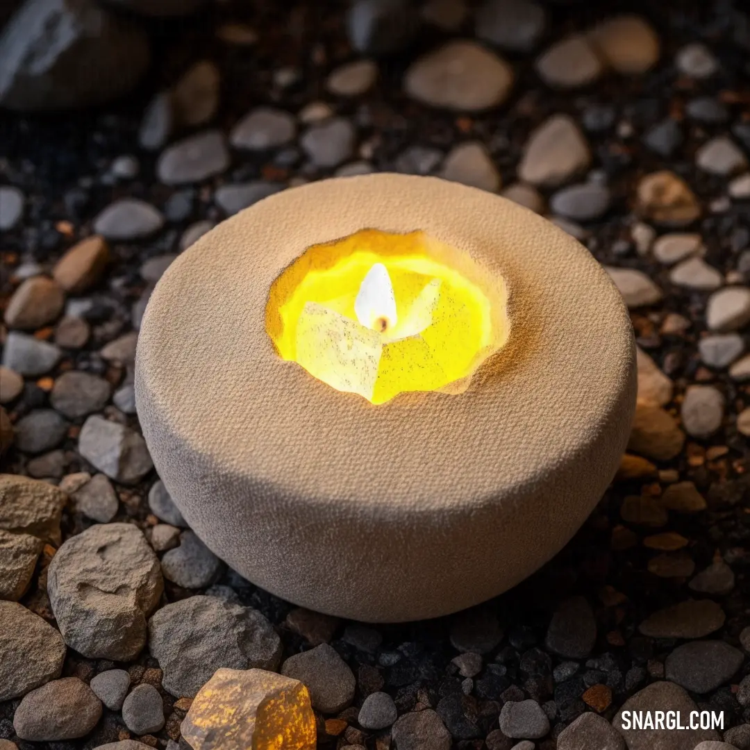 Lit candle on top of a rock covered ground next to rocks and gravel on the ground are small rocks