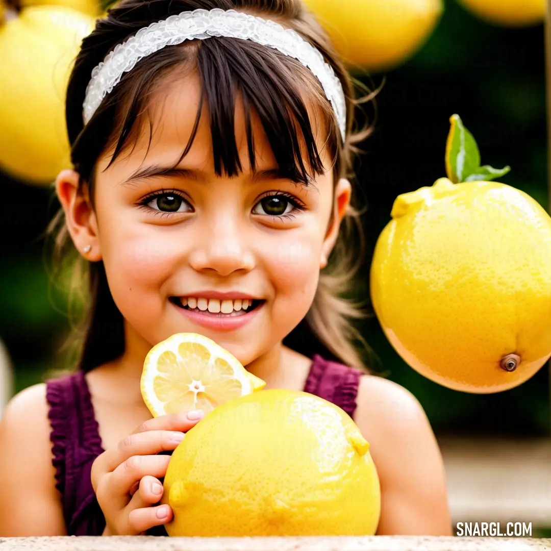 Little girl holding a lemon and a lemon slice in front of her face