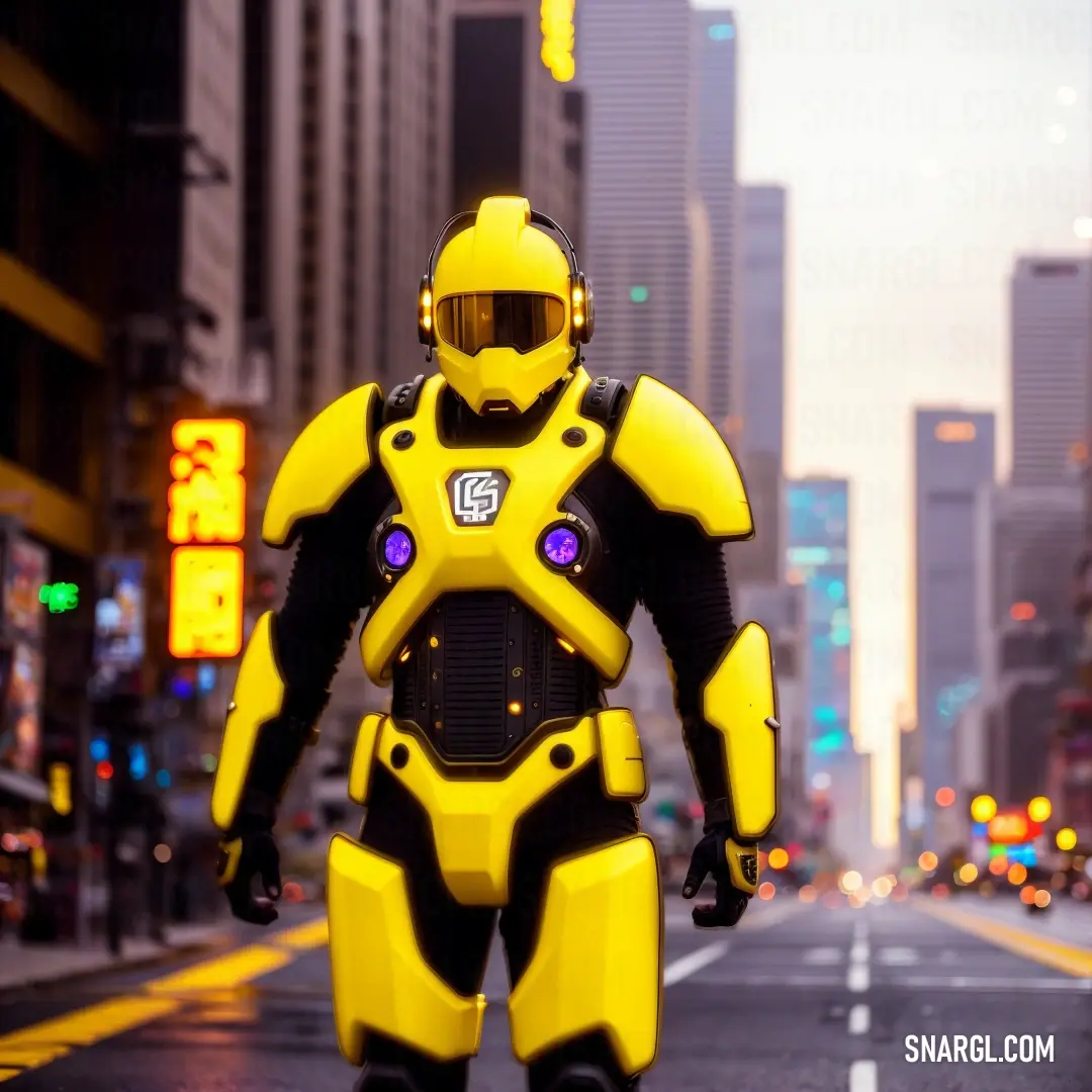 Man in a yellow suit is walking down the street in a city with tall buildings and neon lights