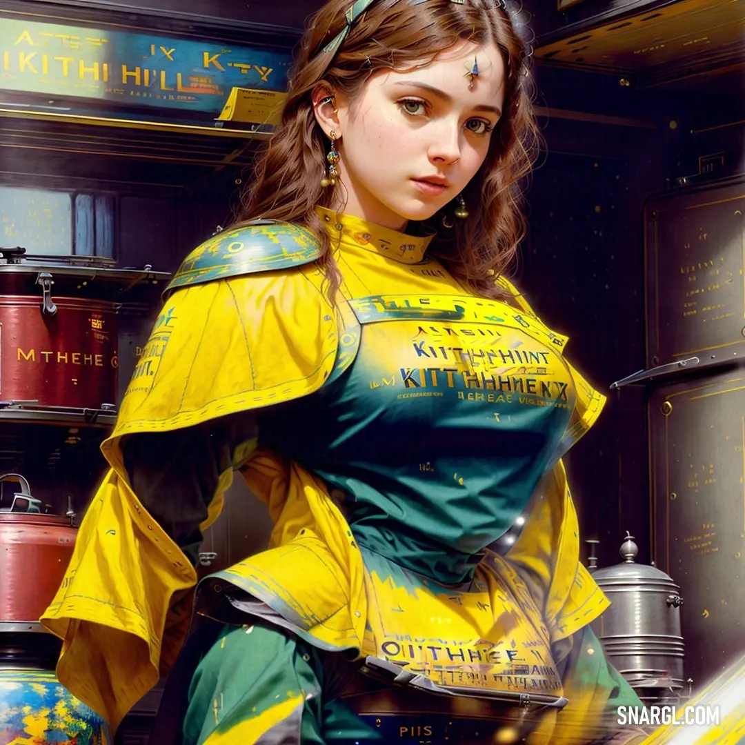 Woman in a yellow and green outfit standing in a room with shelves of books and cans of liquid