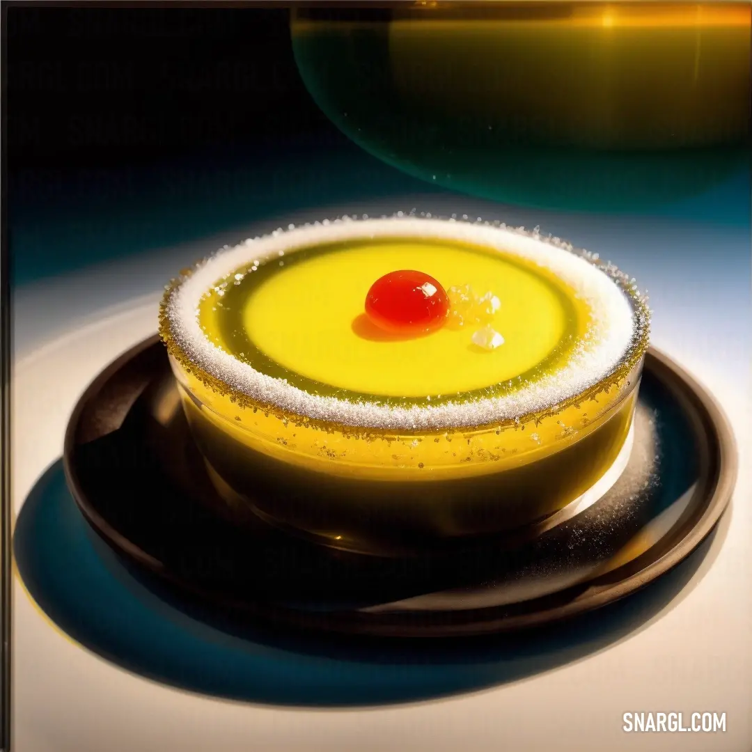 Yellow dessert with a cherry on top of it on a plate with a black saucer and a white background