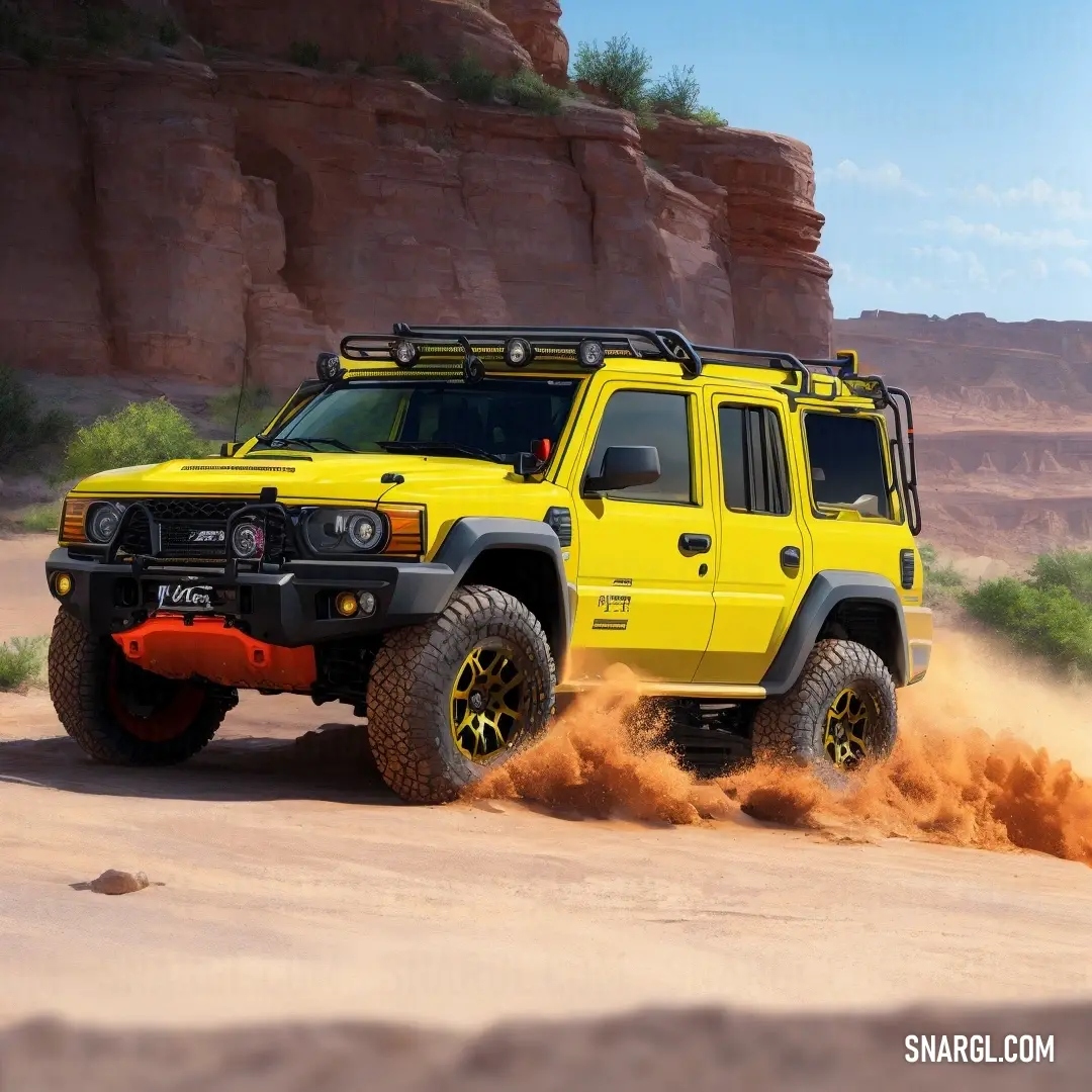 Yellow jeep driving through a desert area with rocks in the background and a sky background with a few clouds of dust