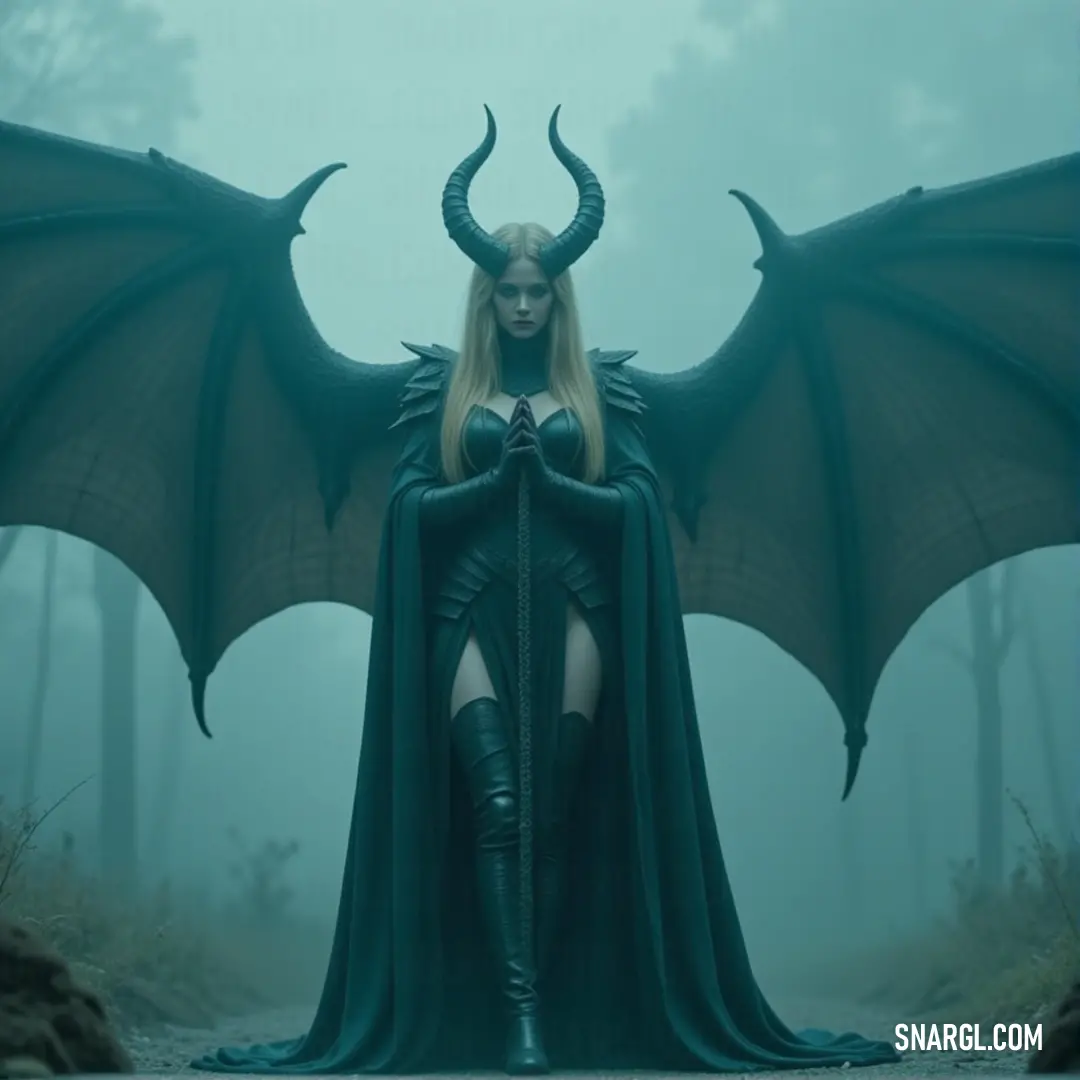 A warrior with horns and wings stands in a forest, her presence amplified by a dragon-like figure behind her. A warrior in a costume adorned with horns and wings stands in a mystical forest, with a dragon-like creature looming behind her. The dark, enchanted environment heightens the sense of power.