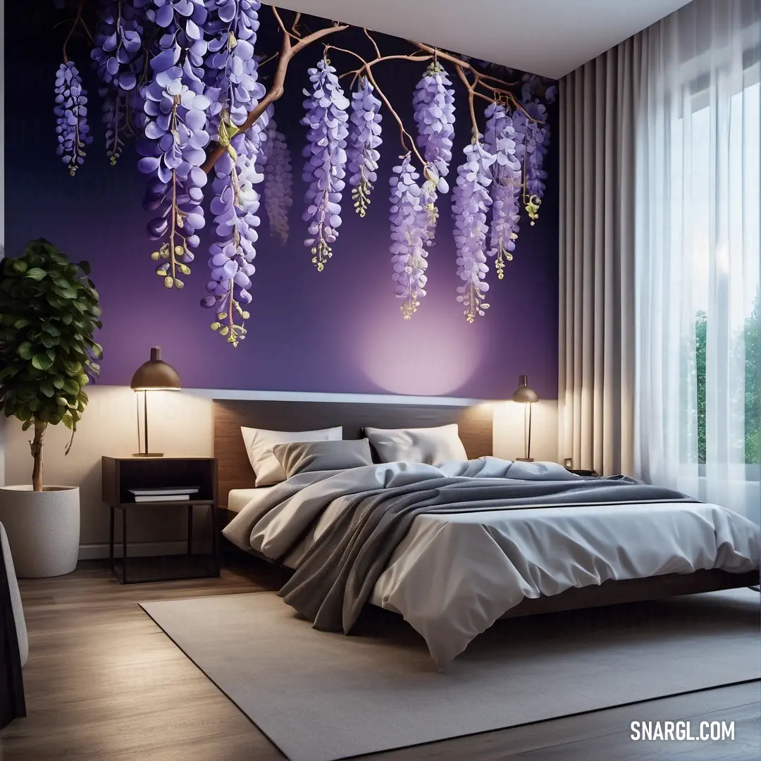 AuroMetalSaurus color example: Bedroom with a bed and a purple wallpaper with wistery branches hanging from it's ceiling