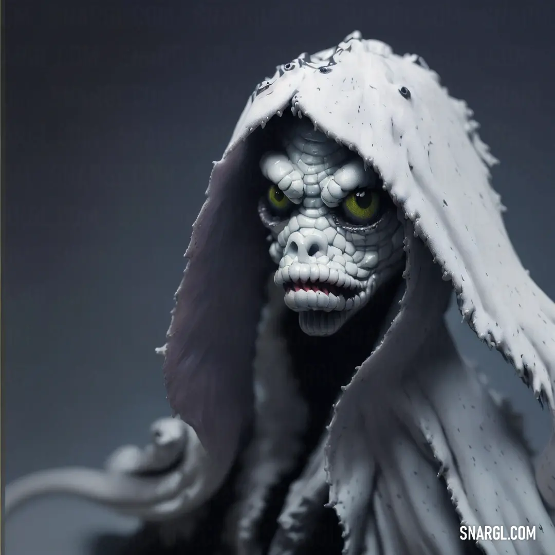 Creature with a hood and a face with yellow eyes and a white coat on it's head
