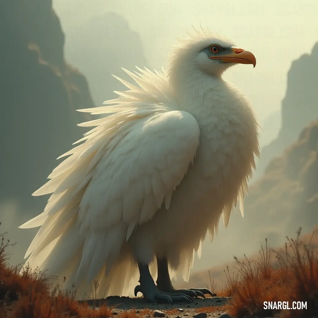 Striking White Aurora with long beak on a rocky hillside. A striking White Aurora with a long beak perches confidently atop a rocky hillside, framed by the majestic mountains in the background, conveying a sense of awe and natural beauty high above the landscape.