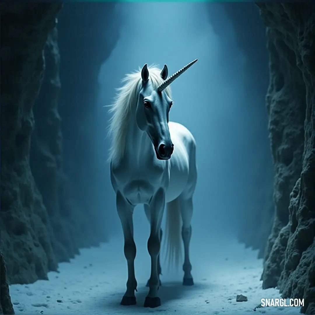 An elegant Aurora Unicorn, distinguished by its magnificent long horn, roams through a mysterious cave, surrounded by dramatic rock formations, illuminating the space with a soft, magical light.