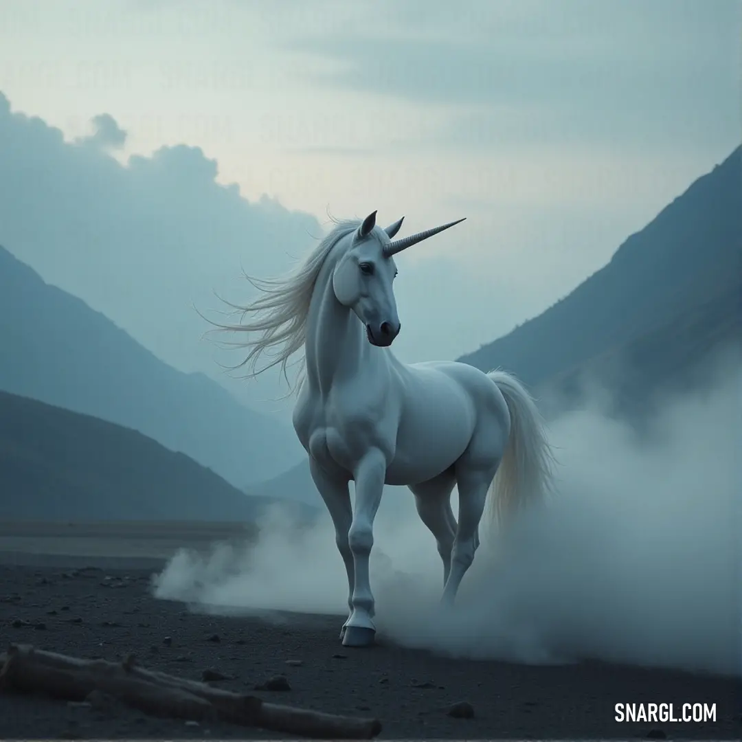 A white unicorn stands boldly on a dirt field, with towering mountains and dramatic smoke clouds adding intensity to the scene. A magnificent white unicorn stands proudly on a dirt field, overlooking a distant mountain range, with clouds of smoke rising dramatically behind it.