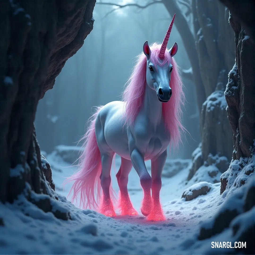 The Aurora Unicorn, with its glowing pink mane, stands gracefully in a snowy forest, its form blending beautifully with the tranquil, frosty landscape. The Aurora Unicorn, with its soft pink mane, stands in a serene snowy forest. Snow-covered trees and rocks create a peaceful winter landscape, while the unicorn’s ethereal presence brings a touch of magic to the cold scene.
