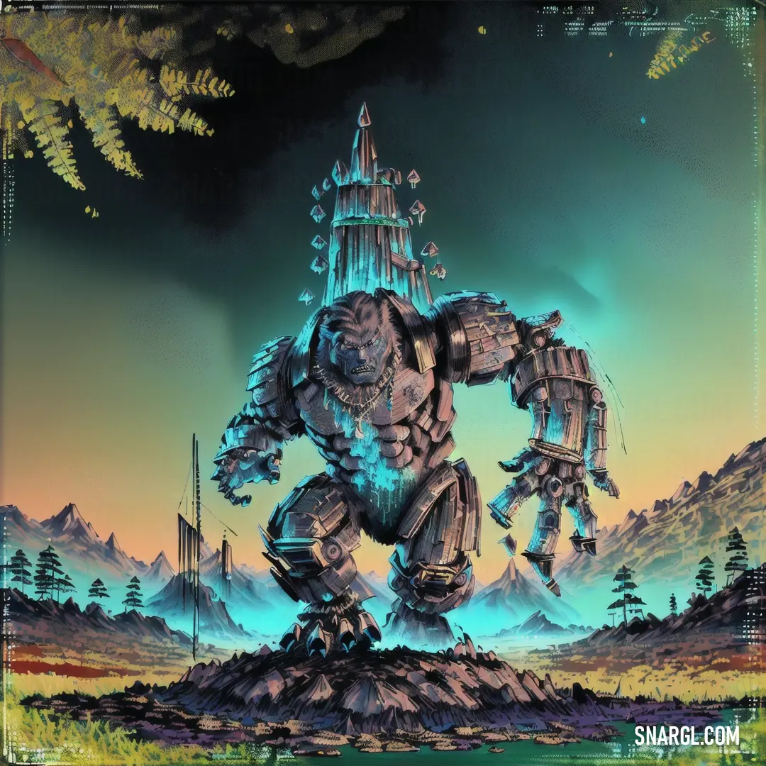 Digital painting of a giant robot standing on a rock in front of a castle with a clock tower