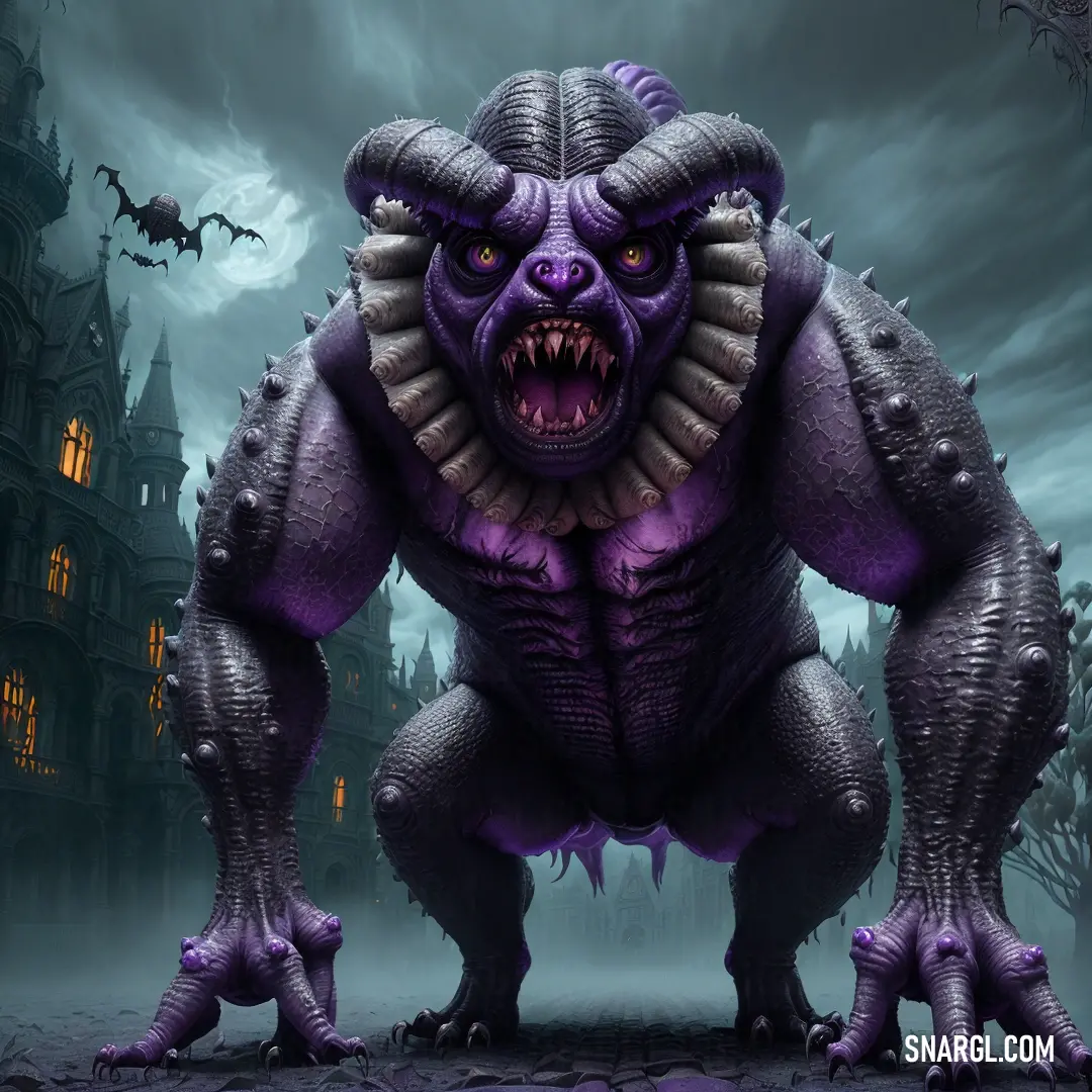 Purple monster with horns and fangs standing in front of a castle with bats flying overhead and a dark sky with clouds