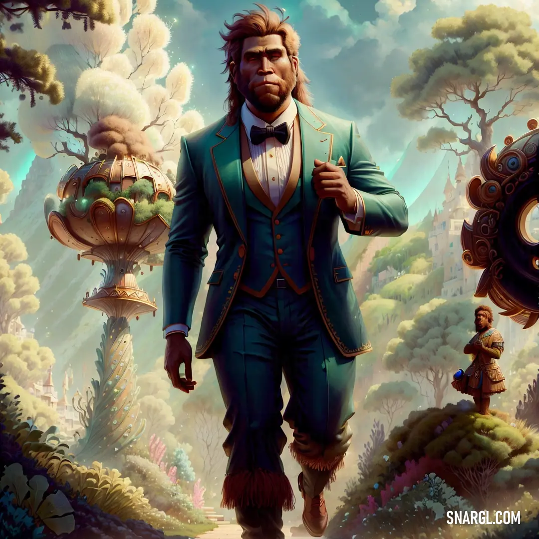 Man in a suit and bow tie walking through a forest with a clock tower in the background and a man in a suit