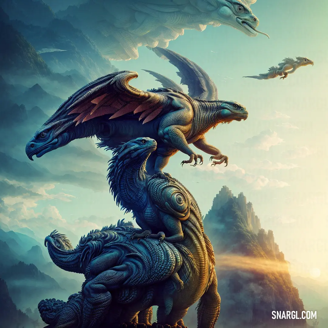Dragon and a dragon on a mountain top with a sky background