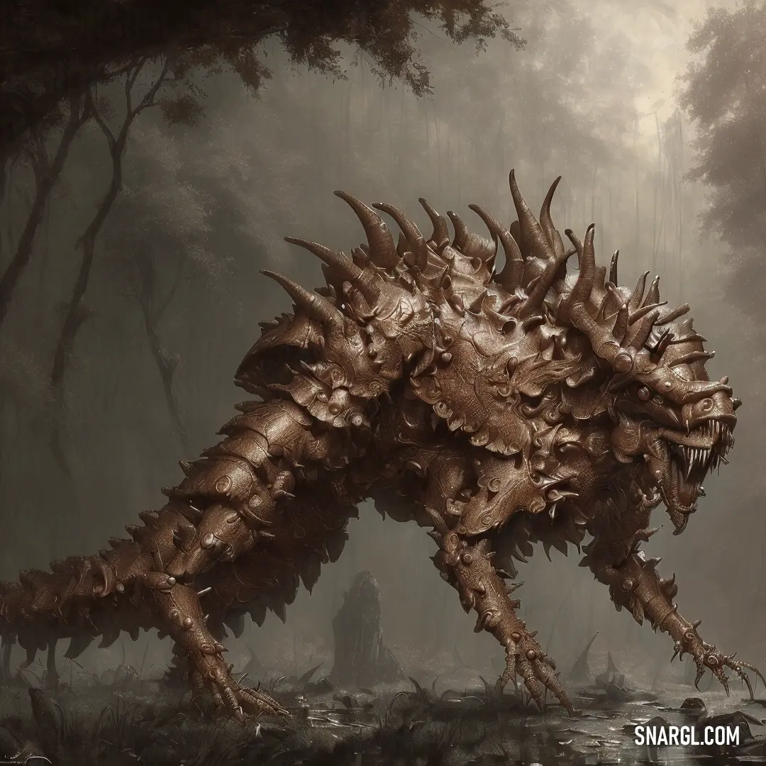Creature with spikes on its body in a forest with trees and rocks in the background