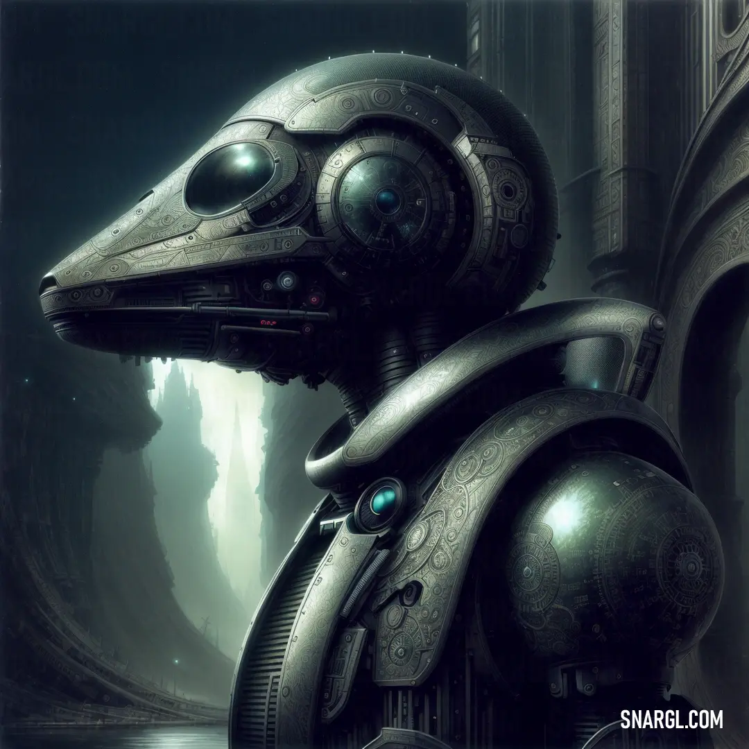 Futuristic creature with a large head and a large body of metal parts on its face