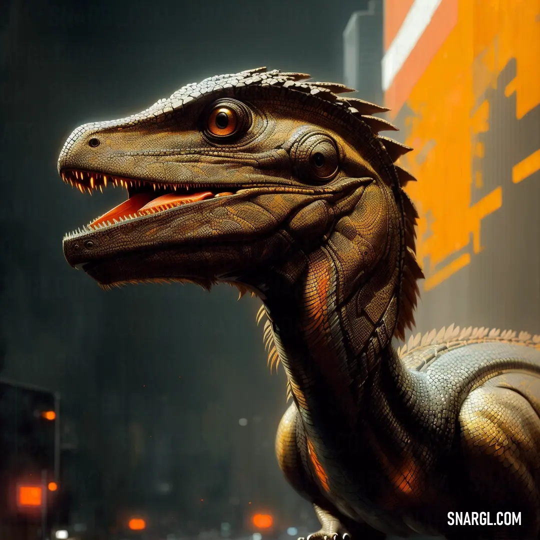 Close up of a dinosaur statue in a city setting with a neon background