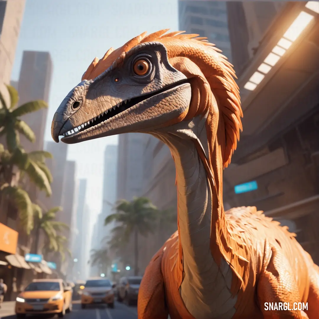 Austroraptor in a city street with tall buildings and palm trees in the background
