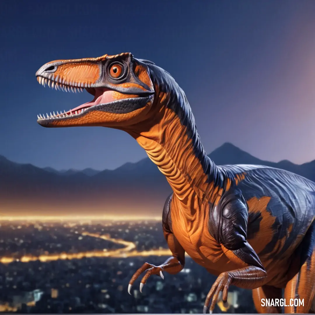 Austroraptor is standing in the middle of a city at night