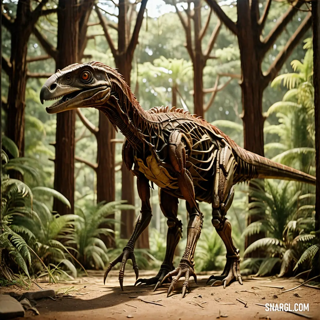 Austroraptor skeleton walking through a forest filled with trees and plants