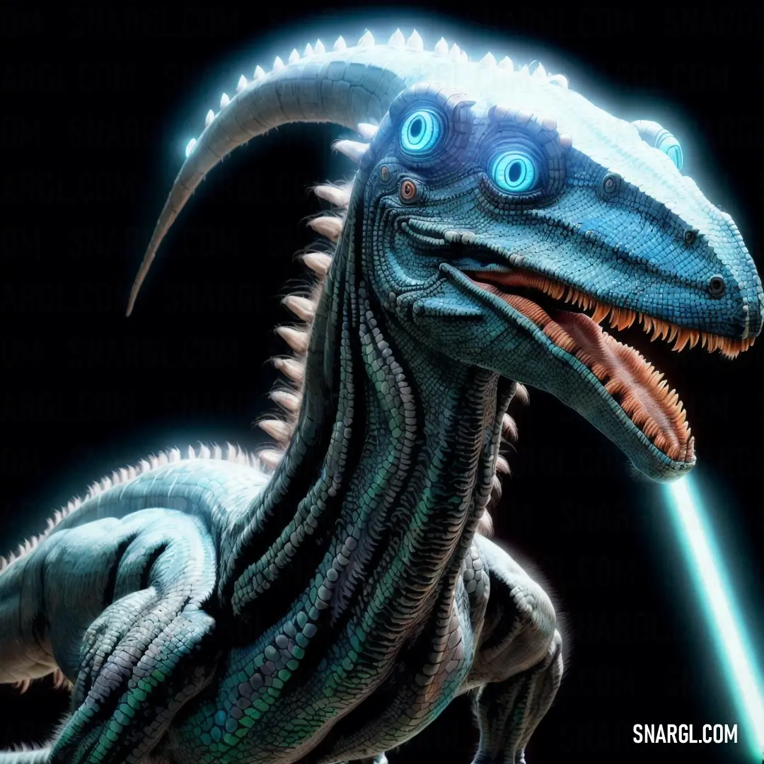 Austroraptor with a light saber in its mouth and a black background