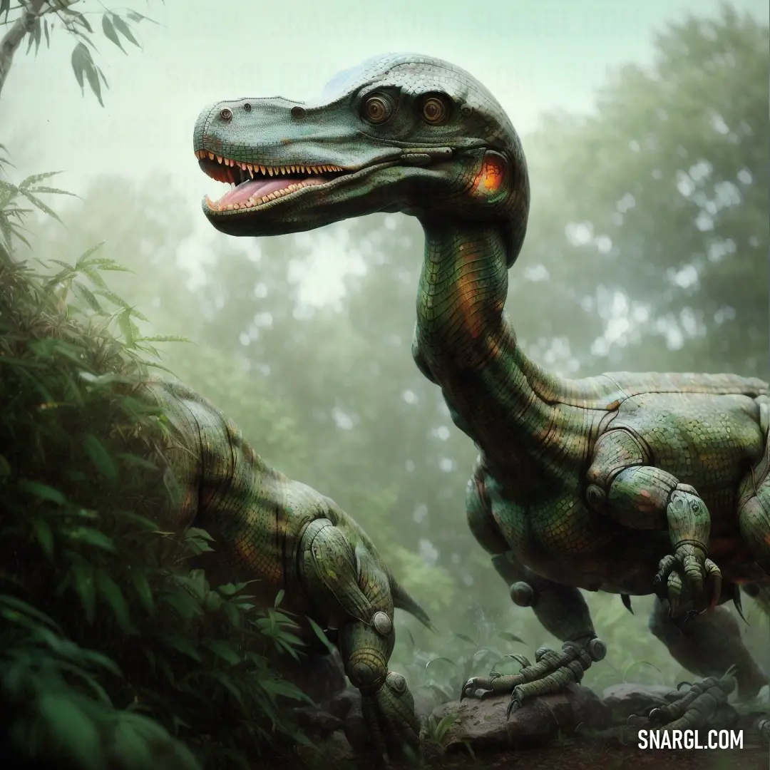 Dinosaur with its mouth open standing in the woods with trees in the background and a foggy sky