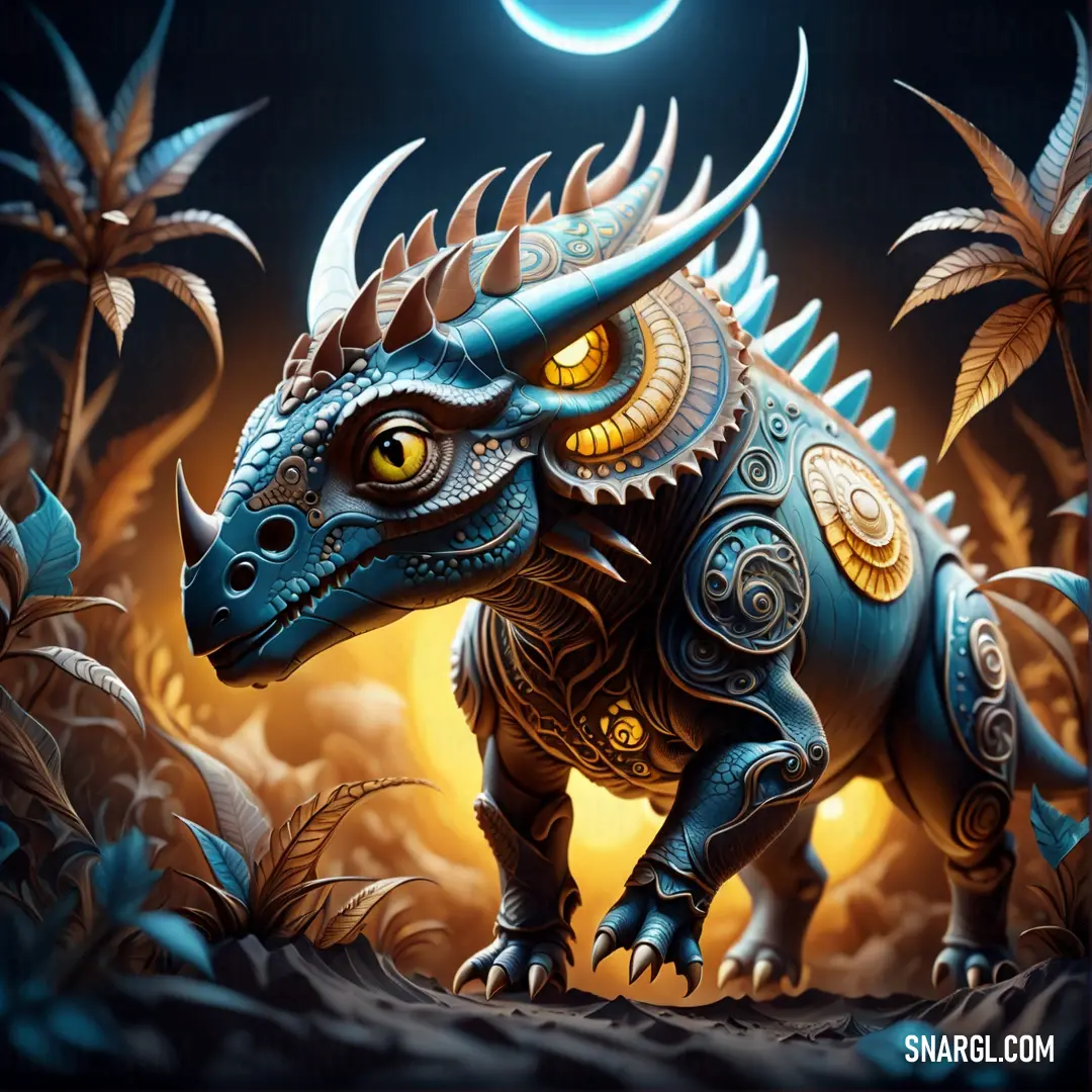 Blue Avaceratops with yellow eyes standing in a field of grass and trees with a half moon in the background