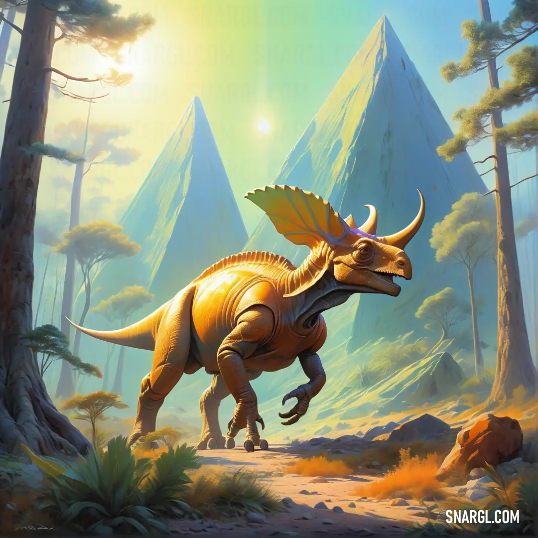 Avaceratops in a forest with a mountain background and sun shining through the trees and rocks behind it