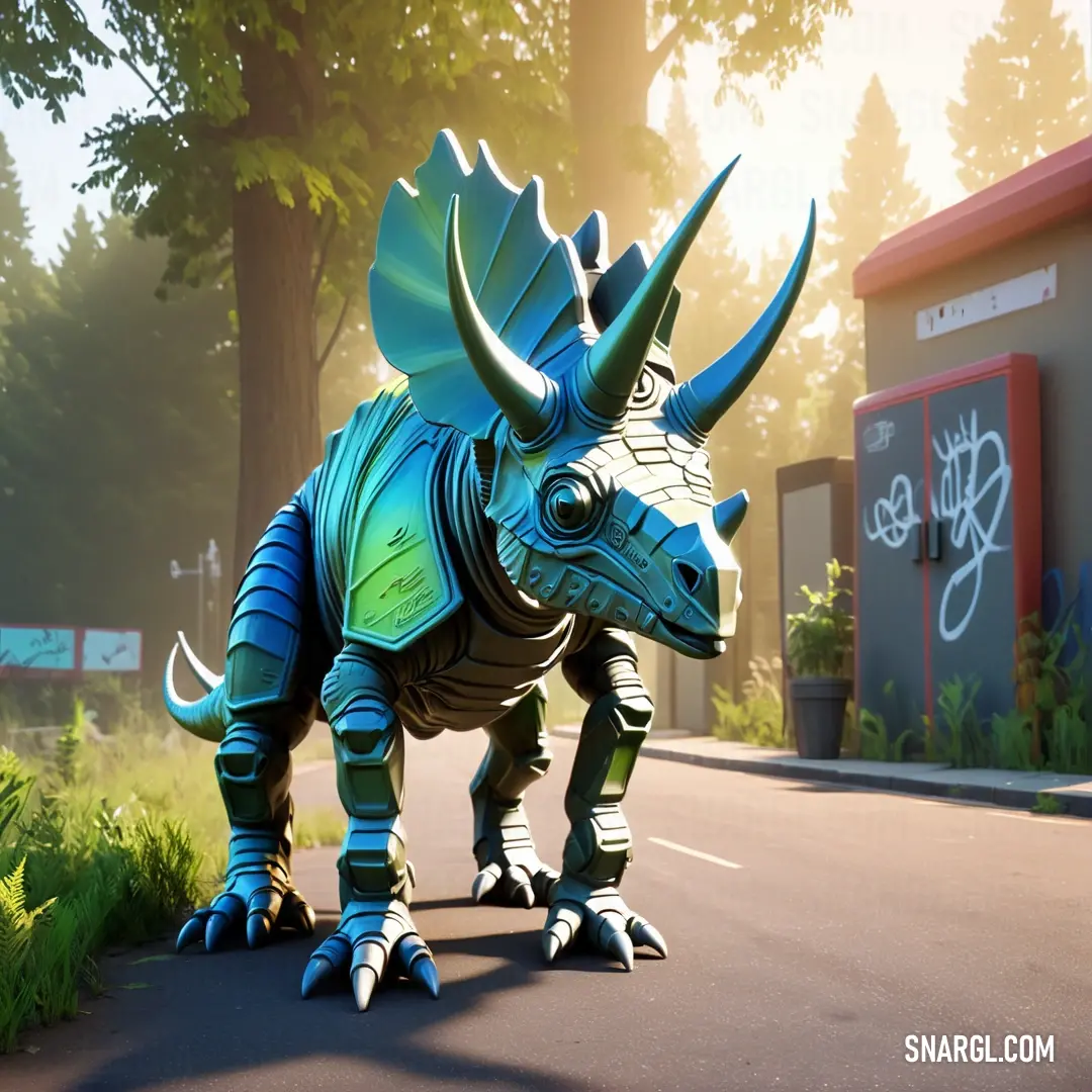 Large blue and green Avaceratops statue on the side of a road in front of a building with trees