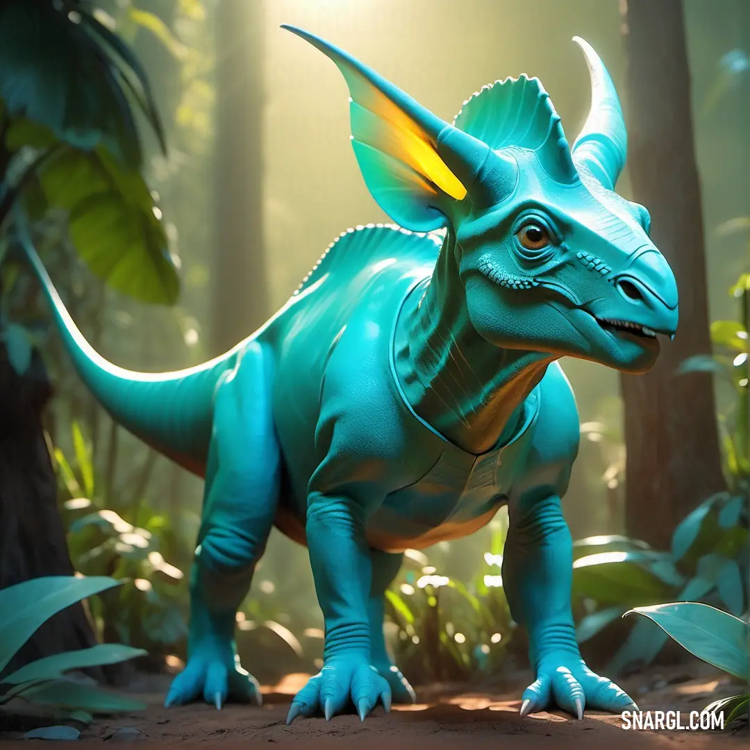 Toy Avaceratops in the middle of a forest with trees and plants in the background