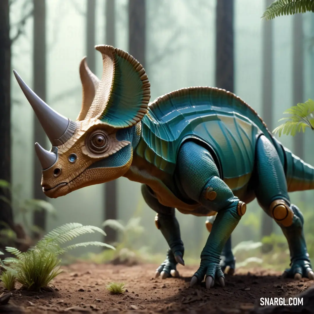 Toy trilops is standing in the woods with its horns down and its head turned to the side