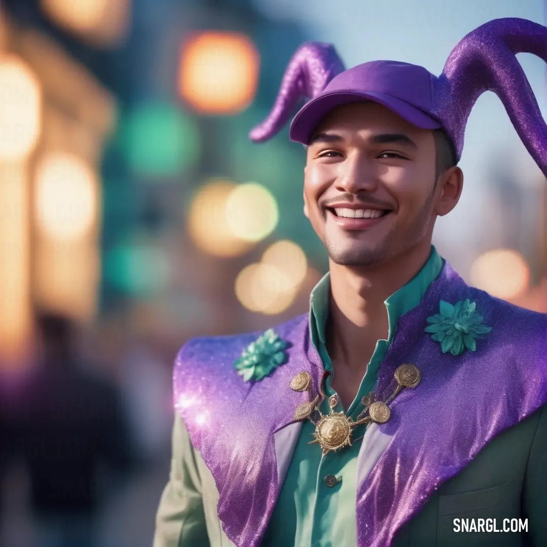 Man in a purple and green costume smiles at the camera while standing in the street at night time