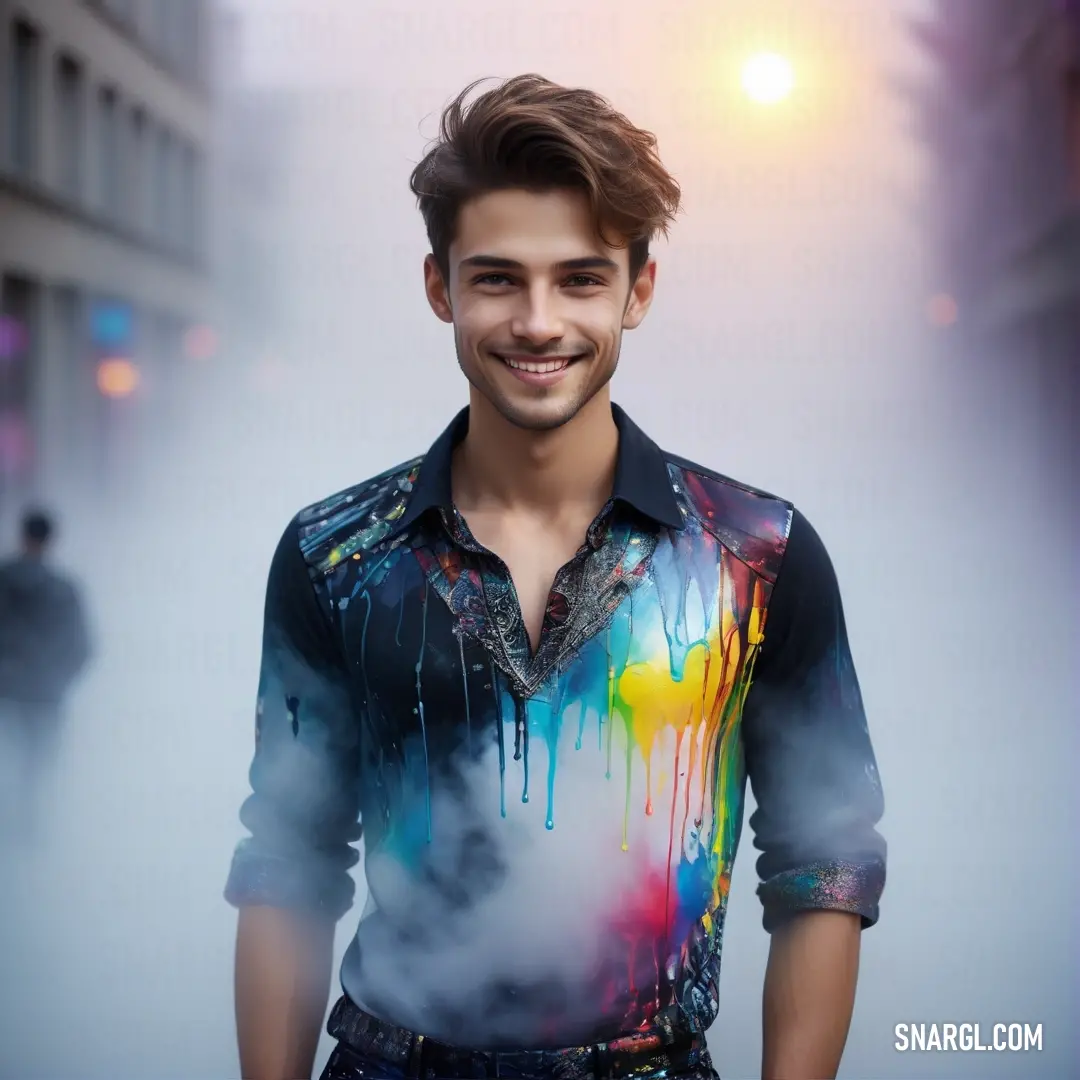 Man with a shirt painted with paint and a smile on his face