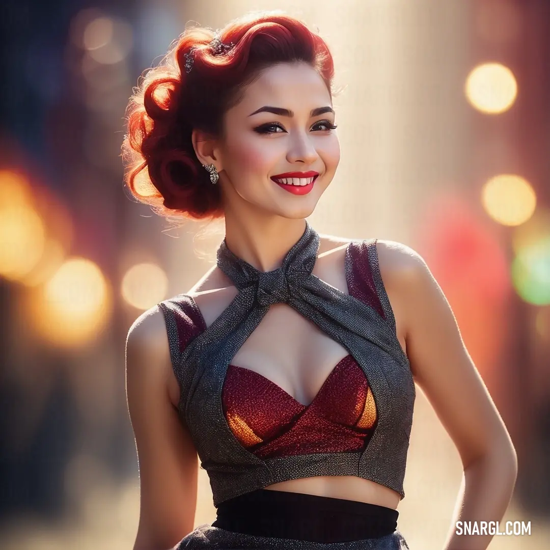 Woman with red hair and a bow tie smiling at the camera with a city street in the background