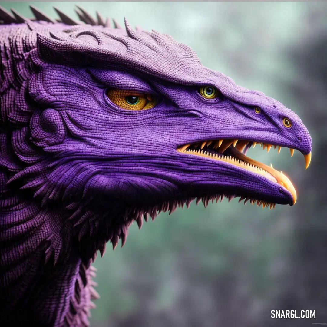 Close up of a purple dragon head with yellow eyes and sharp teeth