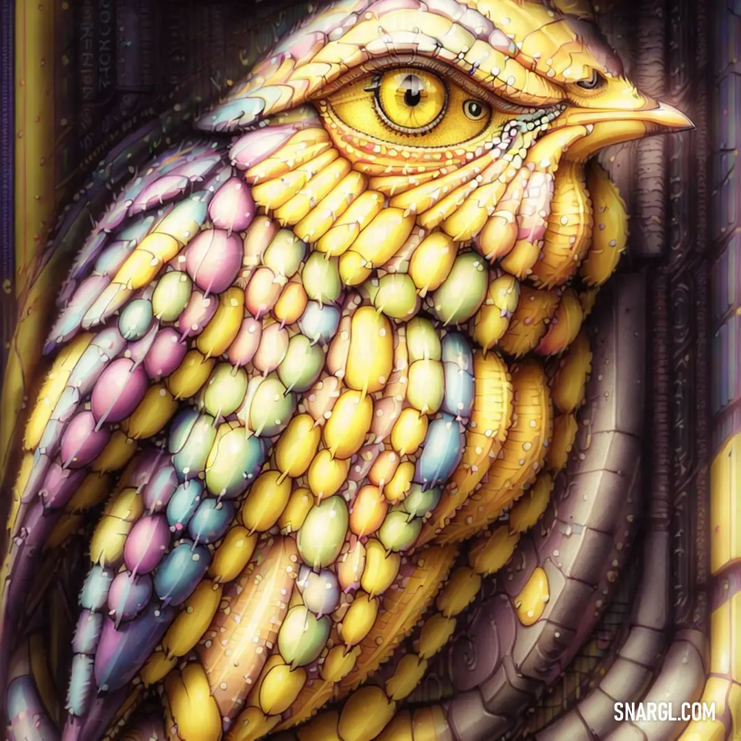 Painting of a bird with a yellow eye and a purple background