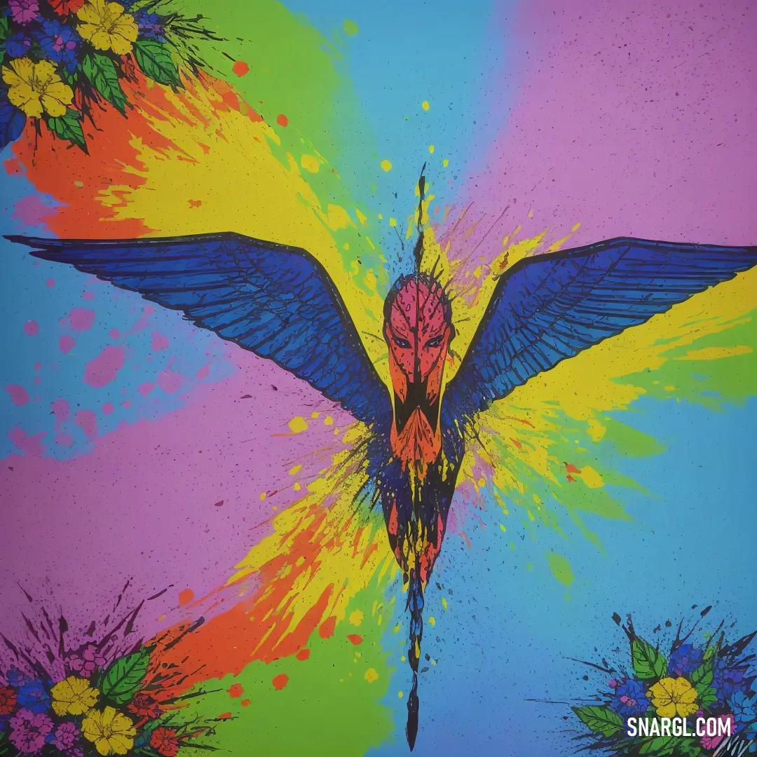 Colorful painting of a bird with a spider on it's back and wings spread out