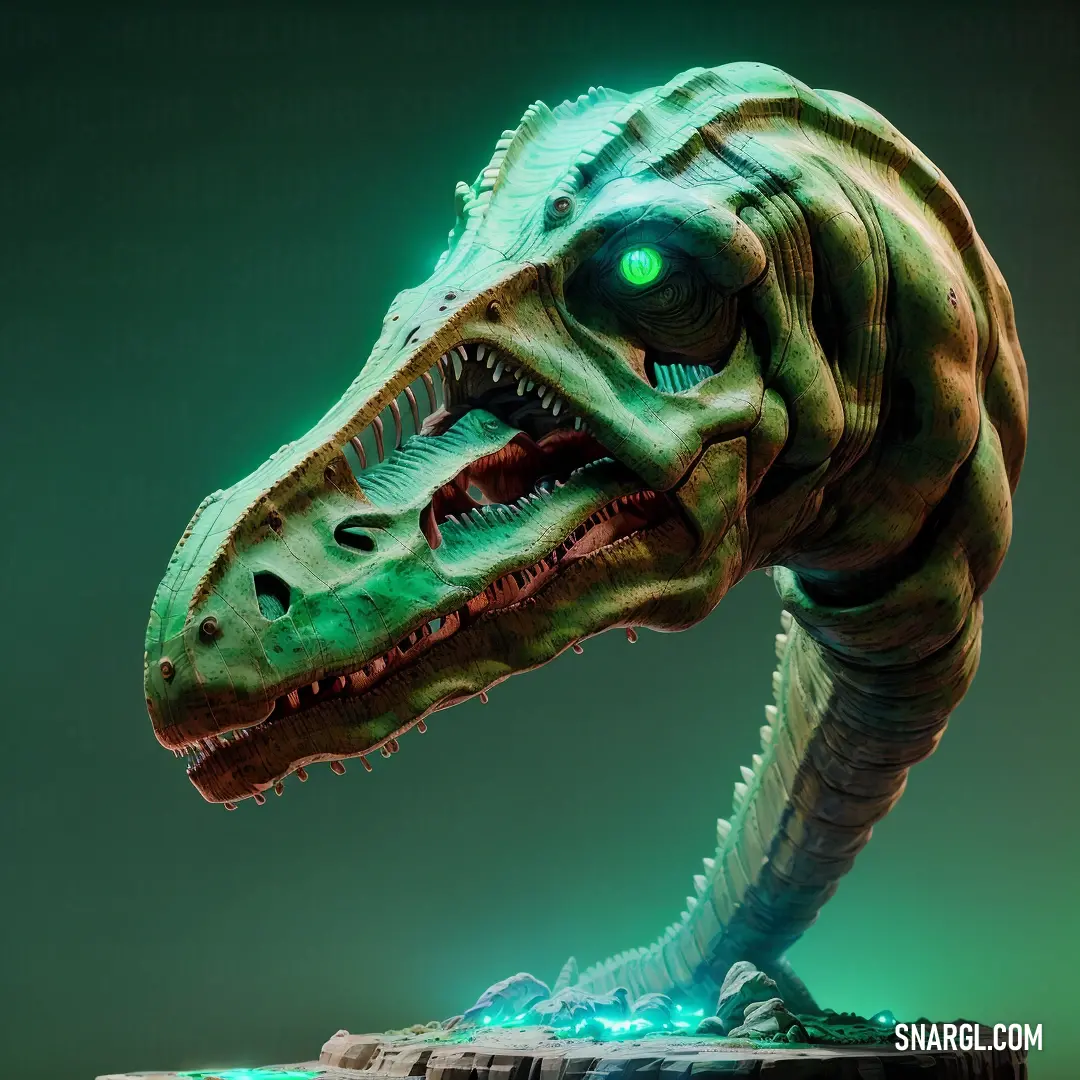 Green and black dinosaur head with glowing eyes and a green background with a green light coming from its mouth