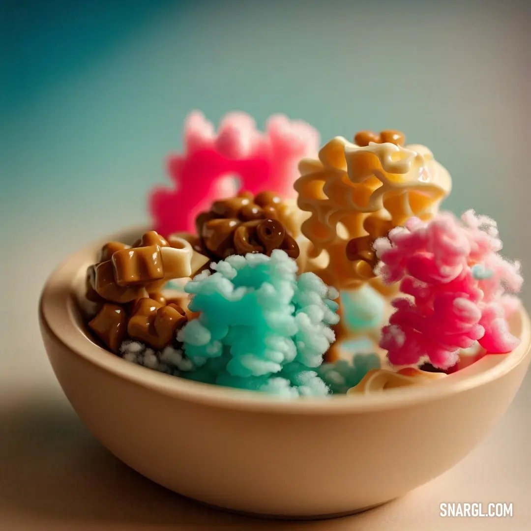 Bowl of cereal cereals with different colored cereals in it and a blue background behind them