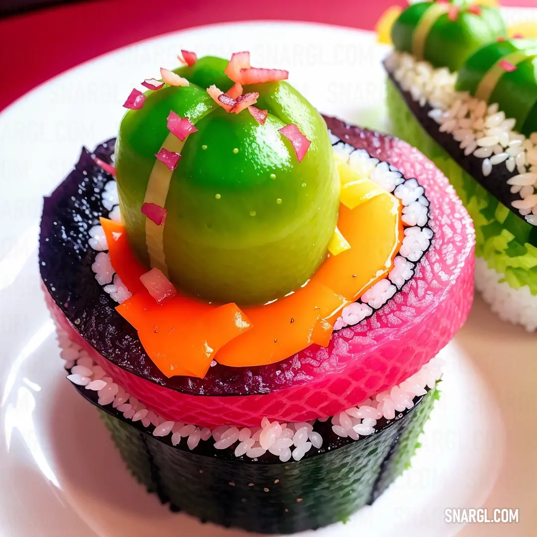 Plate with a sushi and a cactus on top of it