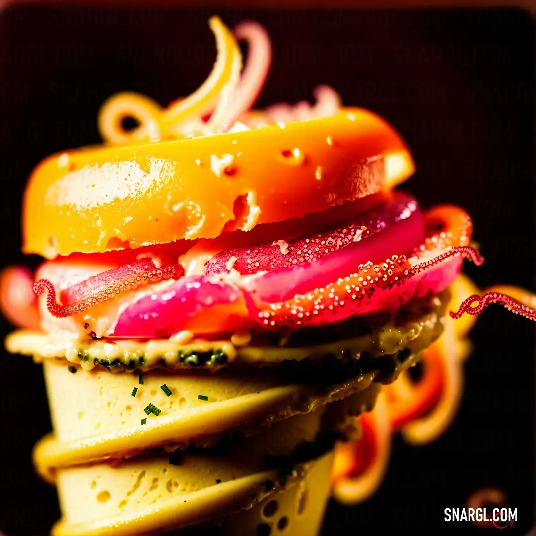 Stack of food with a red and yellow topping on top of it and a straw in the middle