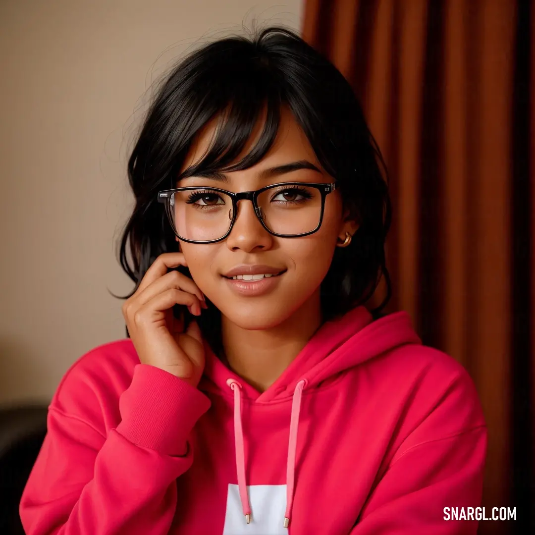 Woman wearing glasses and a red sweatshirt is posing for a picture with her hand on her chin