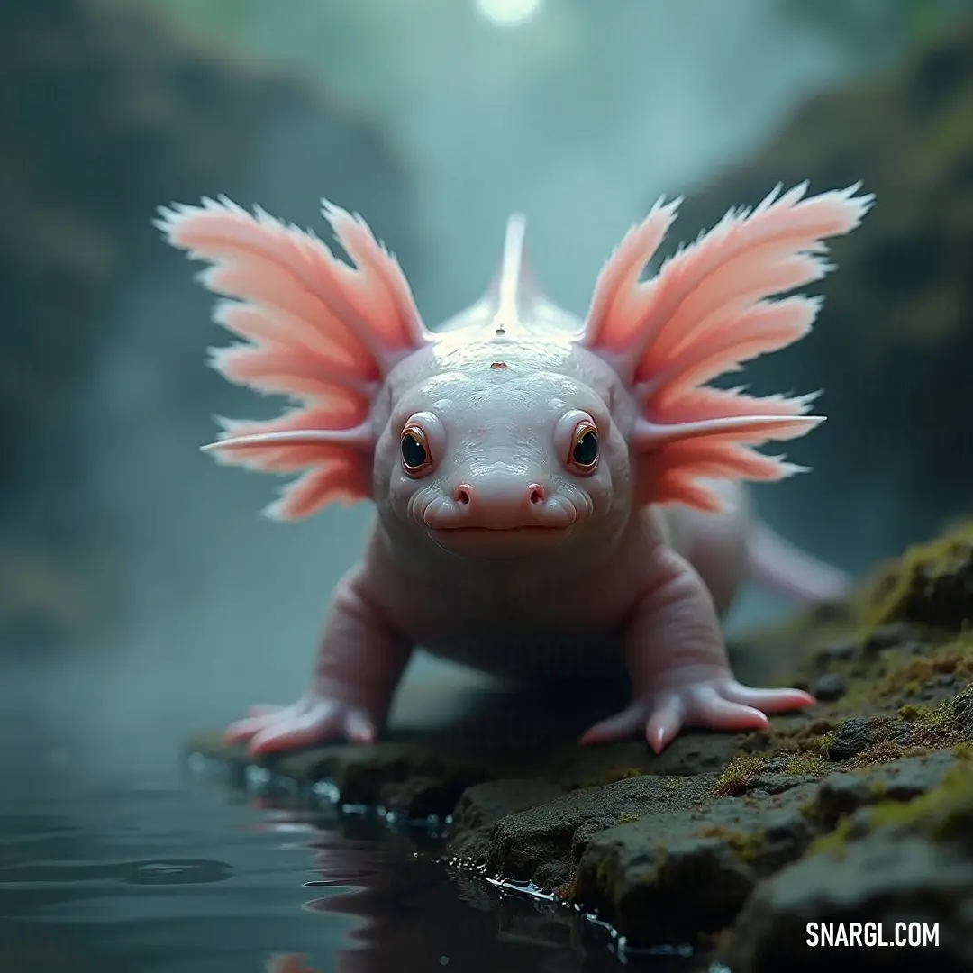 A curious small axolotl with an eccentric hairstyle gazes up with bright eyes, its tiny body adorned with delicate features, capturing the essence of whimsy and joy in an enchanting aquatic world.